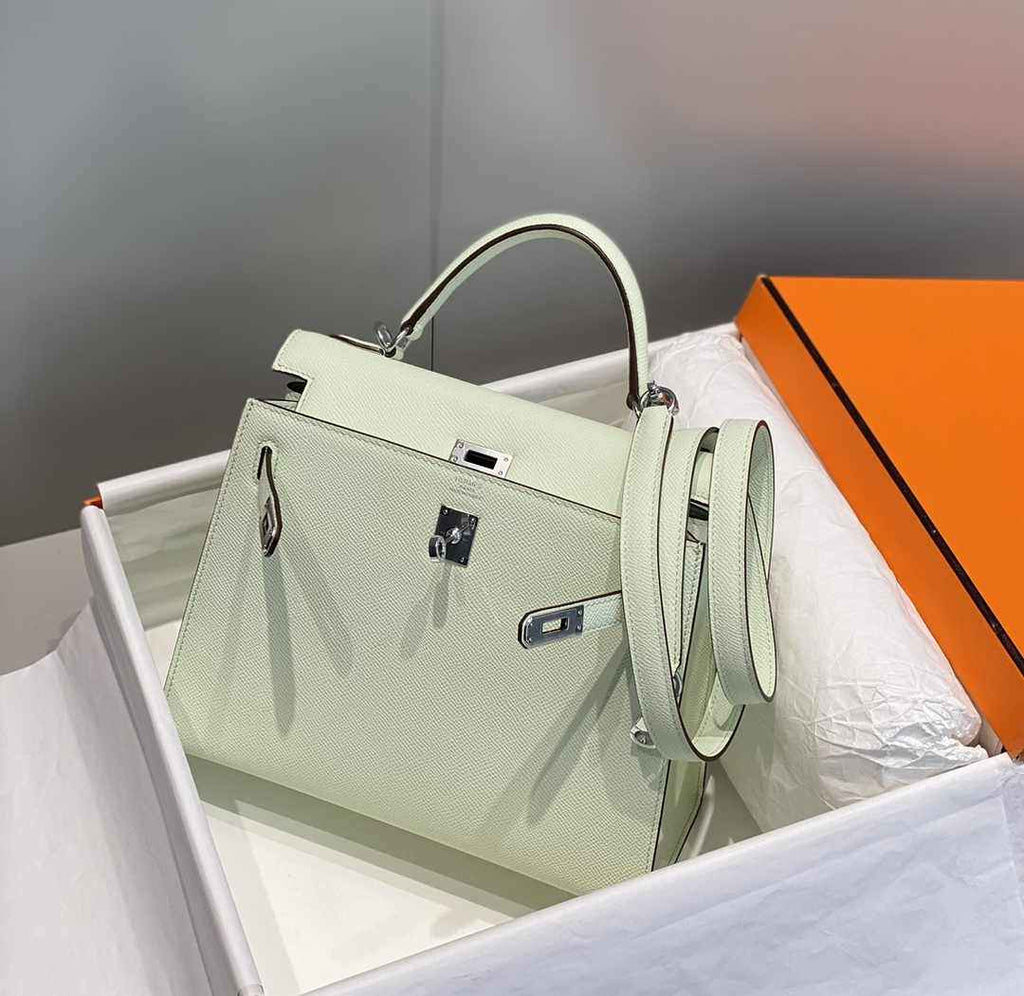 Hermes Kelly Bag 25 Light Green Epsom Leather Silver Hardware H7103
