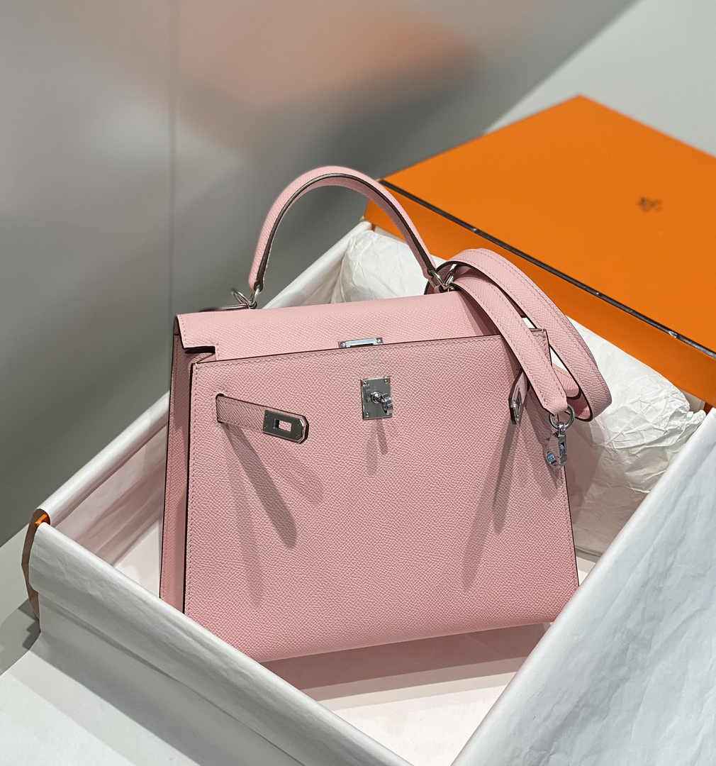 Hermes Kelly Bag 25 Pink Epsom Leather Silver Hardware H7102