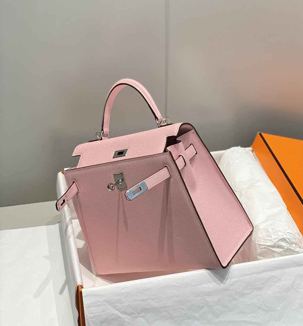 Hermes Kelly Bag 25 Pink Epsom Leather Silver Hardware H7102