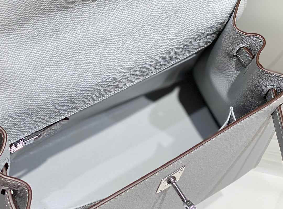 Hermes Kelly Bag 25 Gray Epsom Leather Silver Hardware H7105