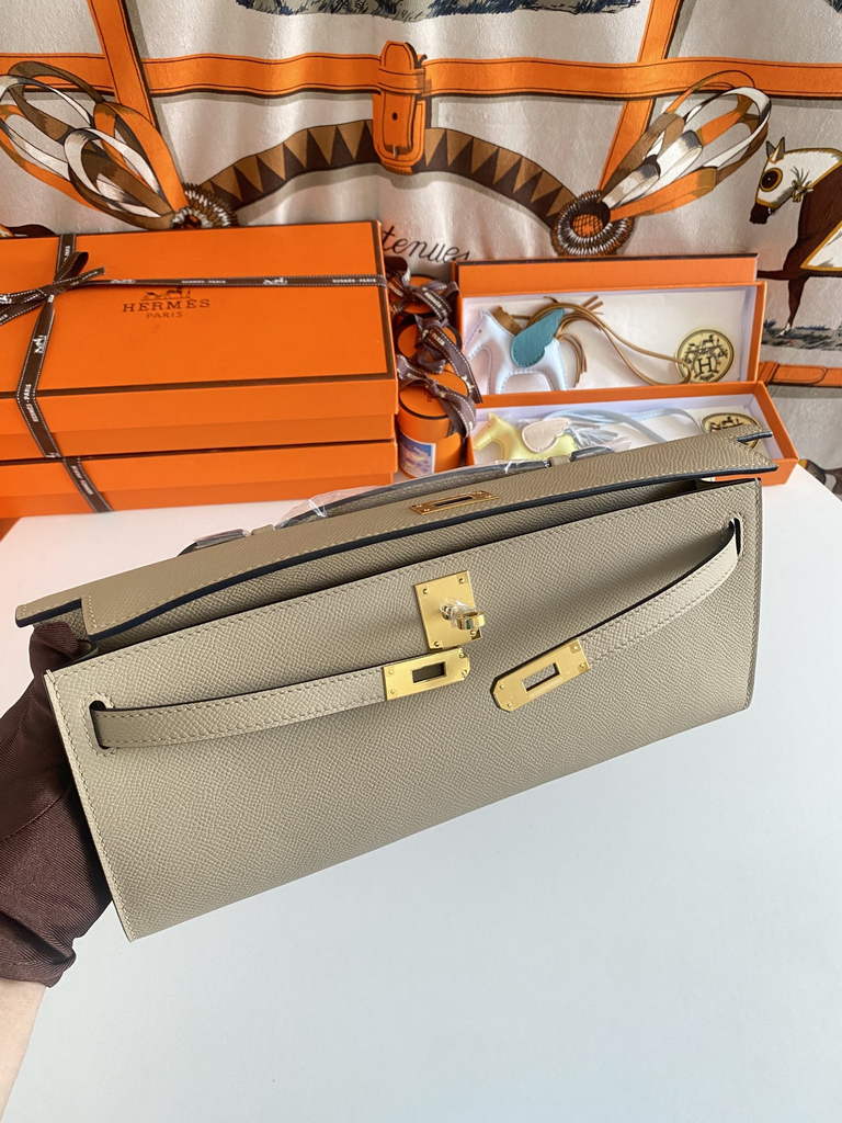 Hermès Kelly Cut Clutch 31cm Epsom Leather Light Gray Gold