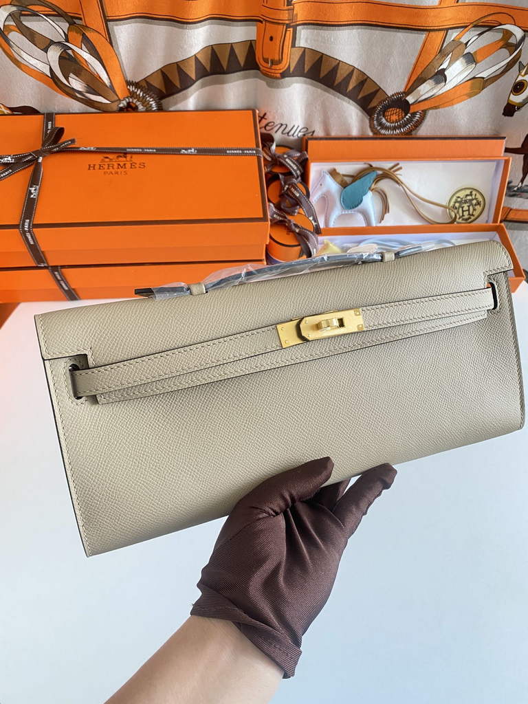 Hermès Kelly Cut Clutch 31cm Epsom Leather Light Gray Gold