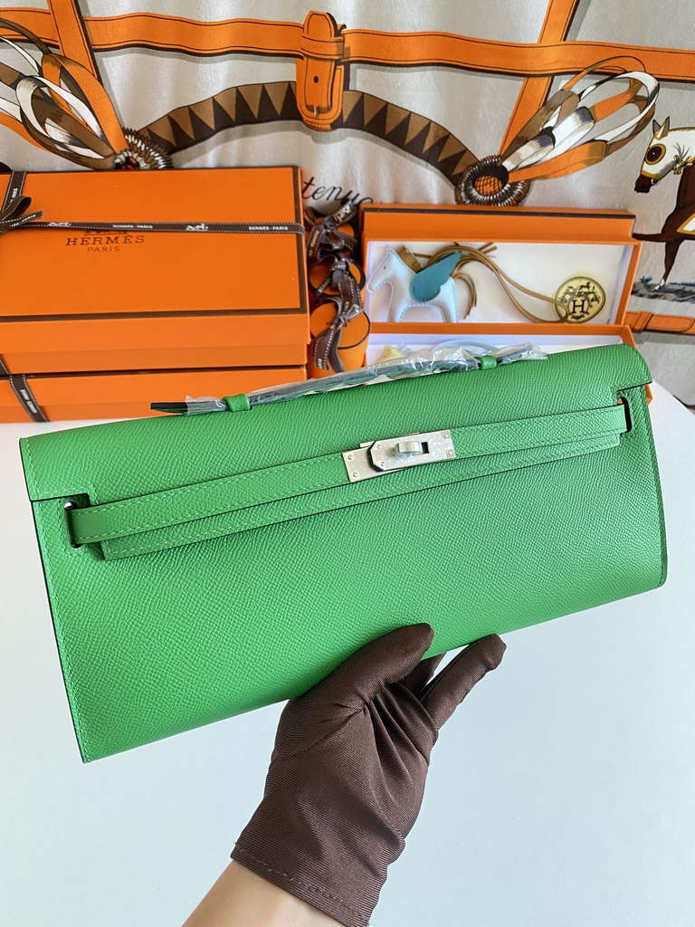 Hermès Kelly Cut Clutch 31cm Epsom Leather Silver Green