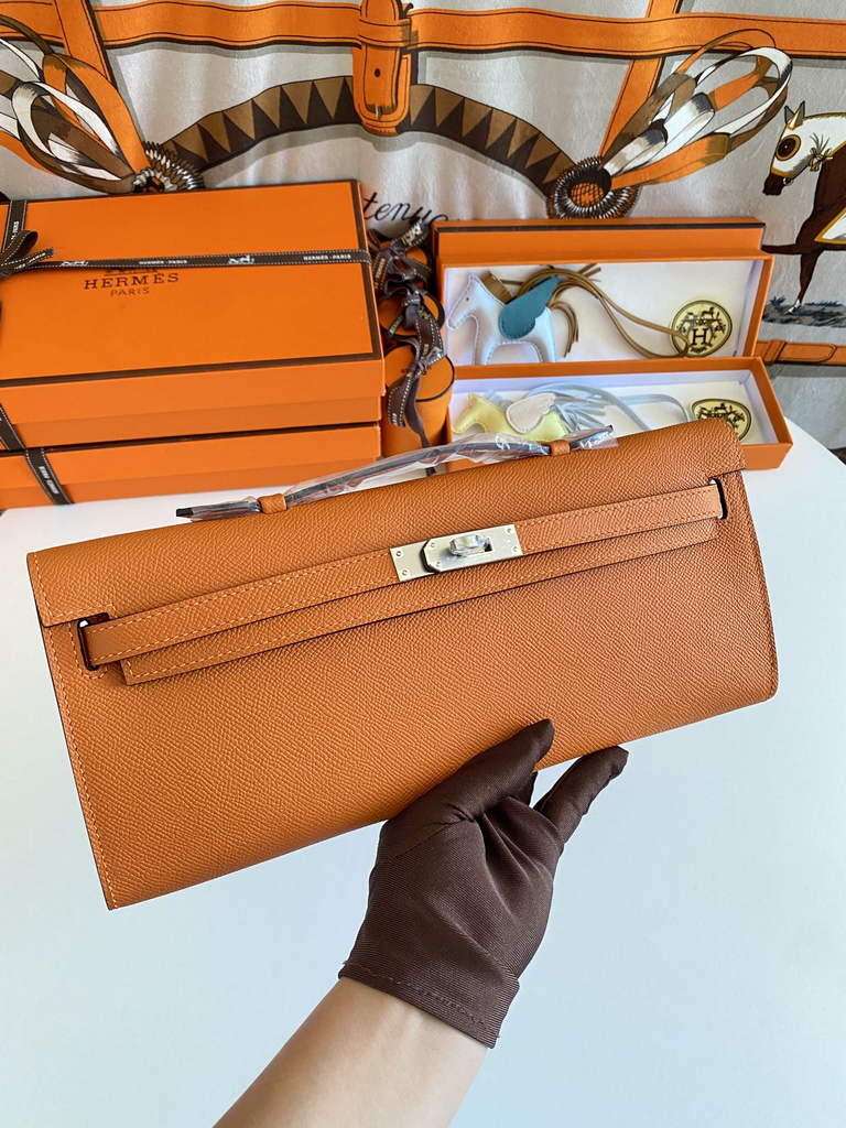 Hermès Kelly Cut Clutch 31cm Epsom Leather Orange Silver