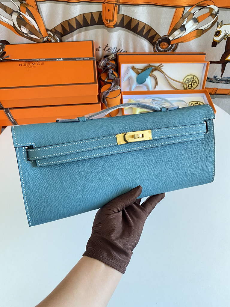 Hermès Kelly Cut Clutch 31cm Epsom Leather Blue Gold