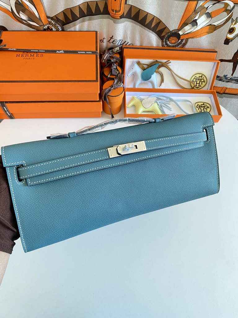 Hermès Kelly Cut Clutch 31cm Epsom Leather Blue Silver