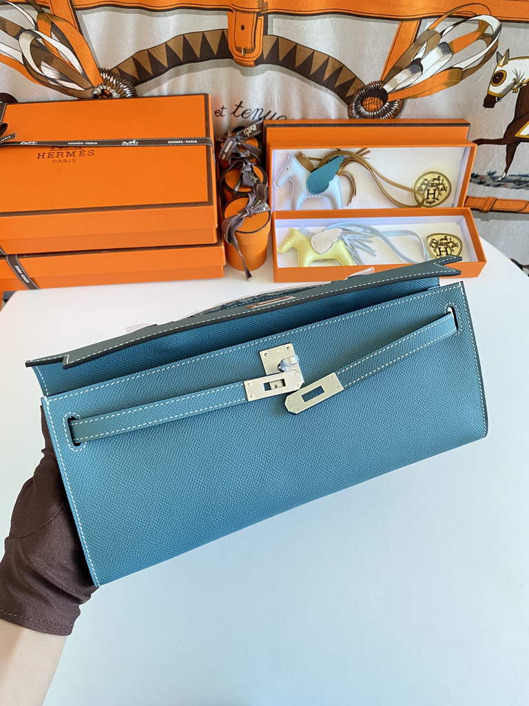 Hermès Kelly Cut Clutch 31cm Epsom Leather Blue Silver