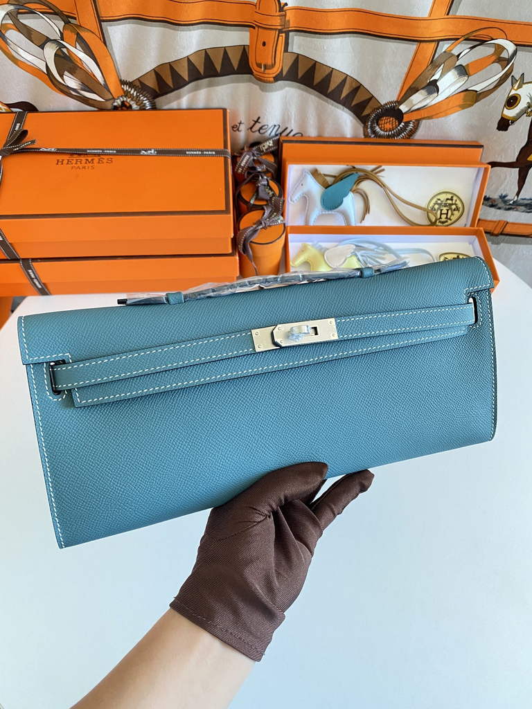 Hermès Kelly Cut Clutch 31cm Epsom Leather Blue Silver