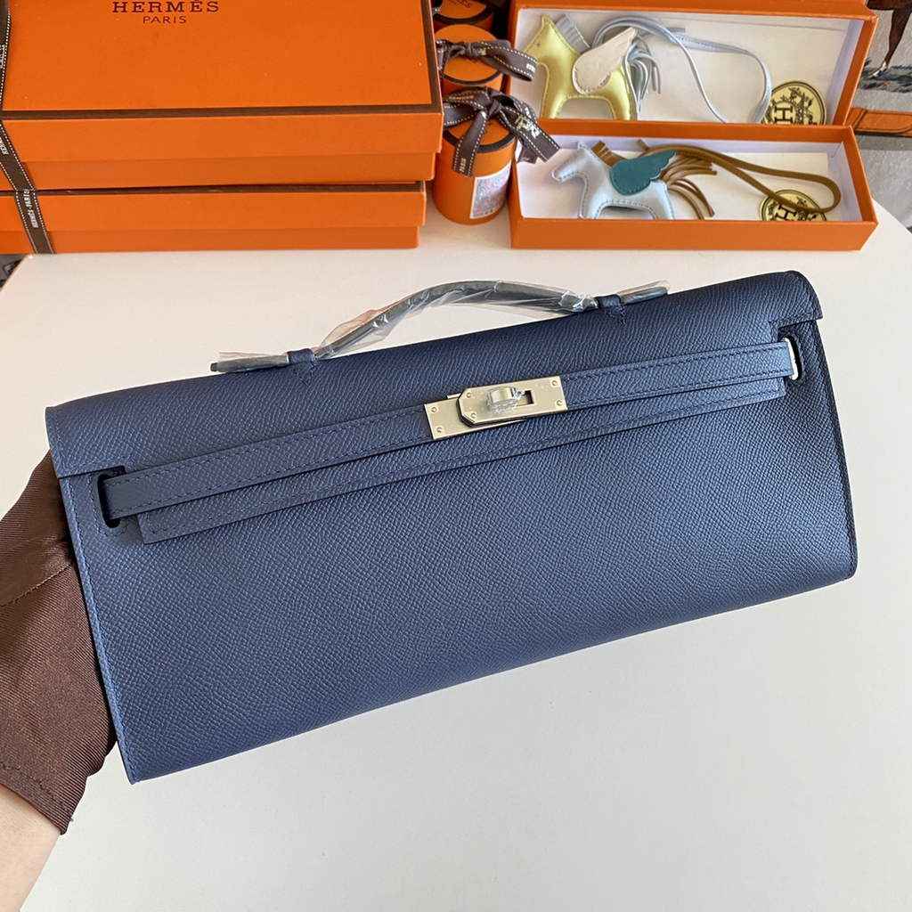 Hermès Kelly Cut Clutch 31cm Epsom Leather Navy Blue Silver