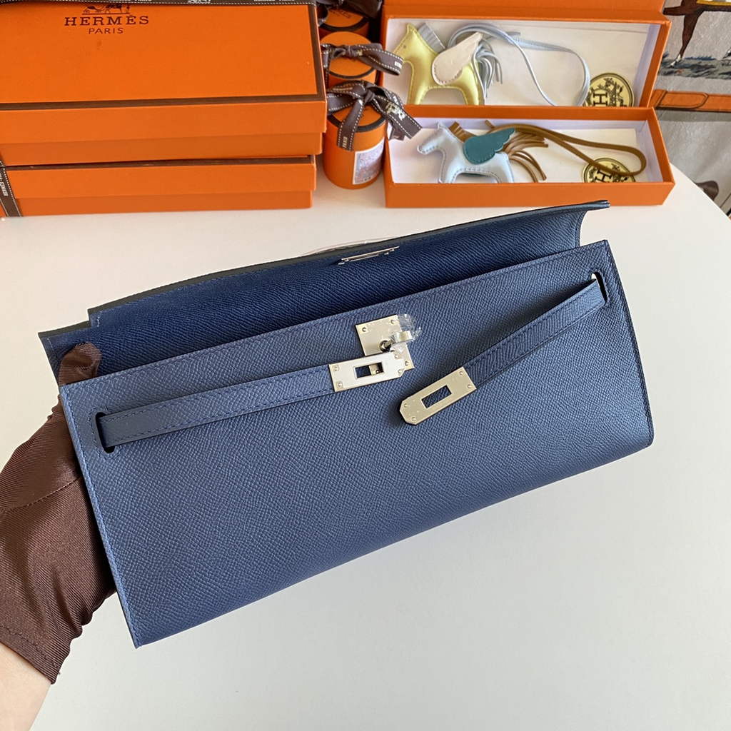 Hermès Kelly Cut Clutch 31cm Epsom Leather Navy Blue Silver