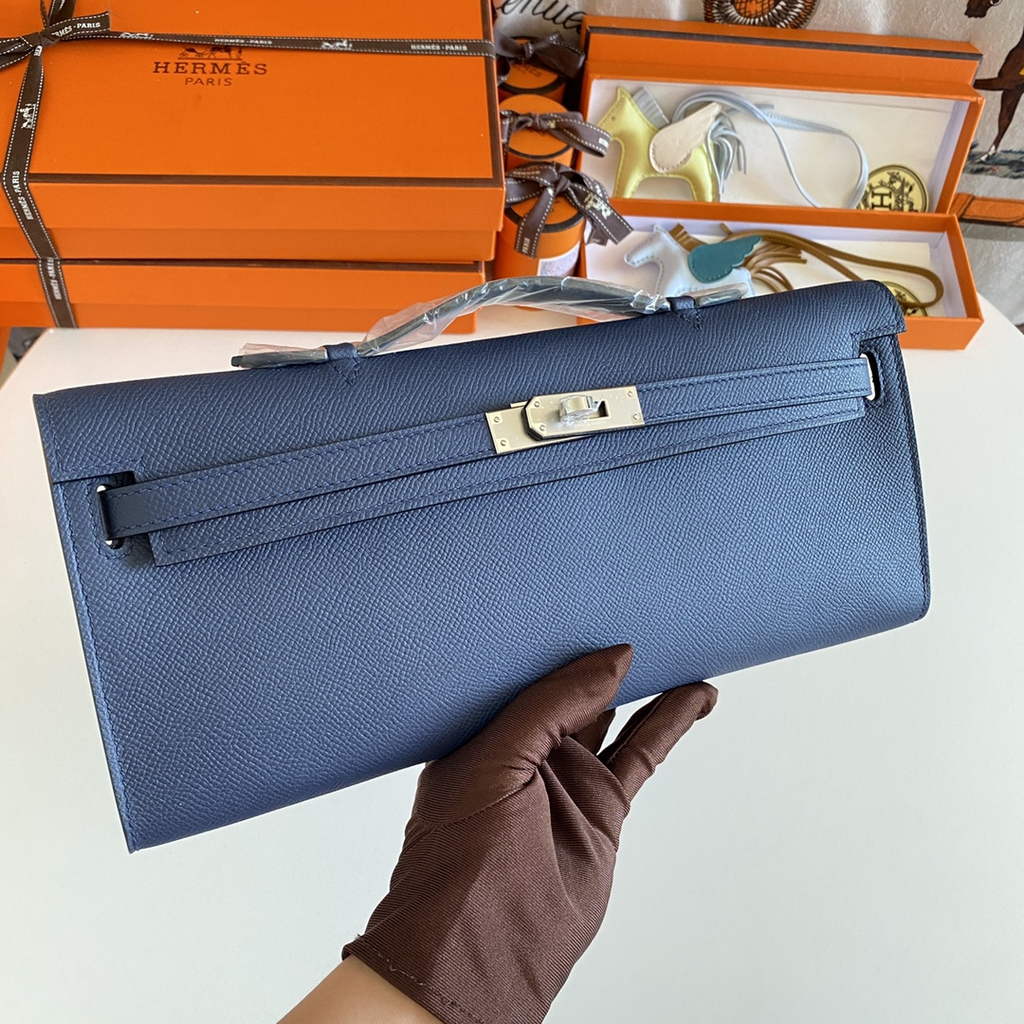 Hermès Kelly Cut Clutch 31cm Epsom Leather Navy Blue Silver