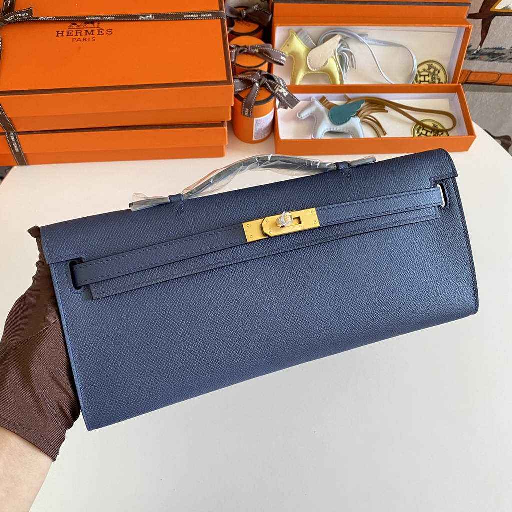 Hermès Kelly Cut Clutch 31cm Epsom Leather Navy Blue Gold