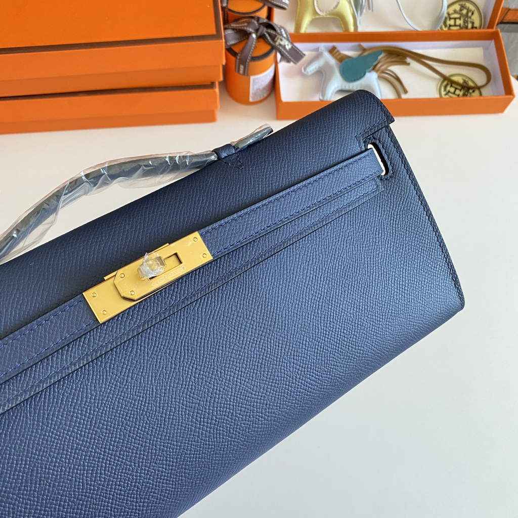 Hermès Kelly Cut Clutch 31cm Epsom Leather Navy Blue Gold