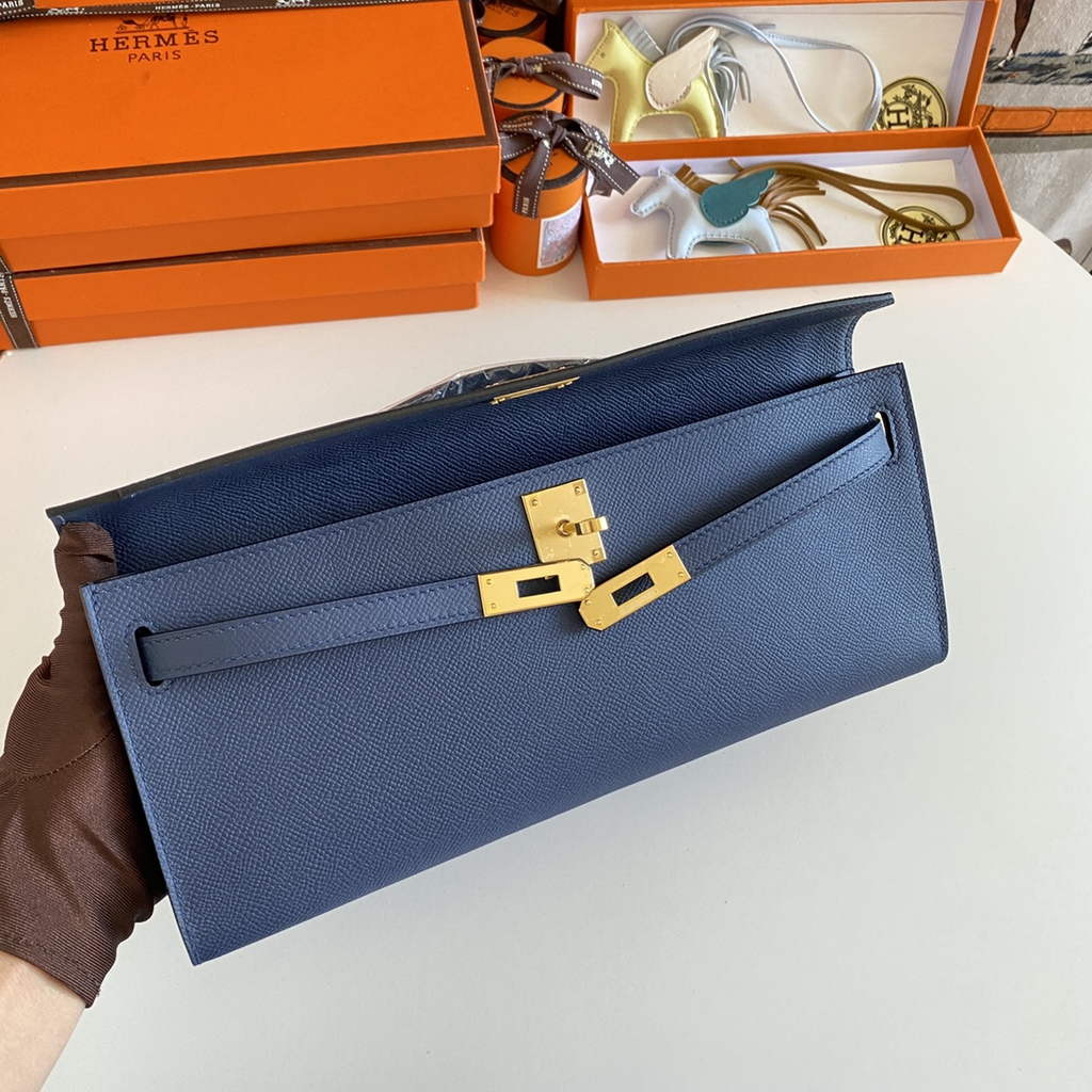 Hermès Kelly Cut Clutch 31cm Epsom Leather Navy Blue Gold