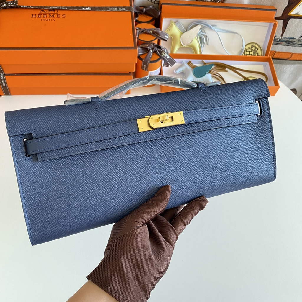 Hermès Kelly Cut Clutch 31cm Epsom Leather Navy Blue Gold