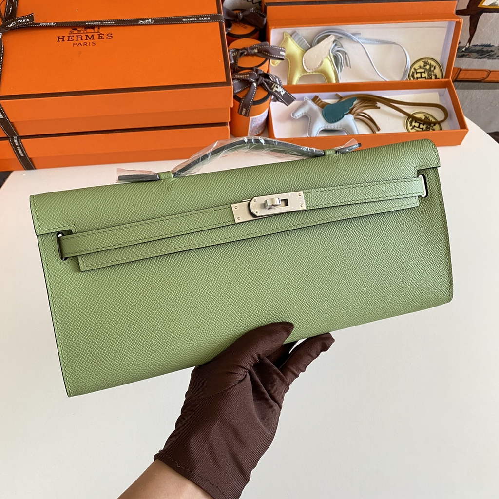 Hermès Kelly Cut Clutch 31cm Epsom Leather Green Silver