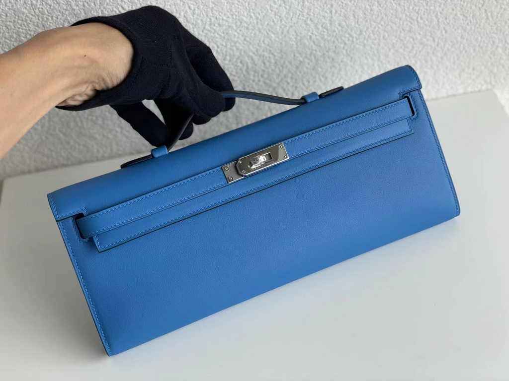 Hermès Kelly Cut Clutch 31cm Swift Leather Blue Silver