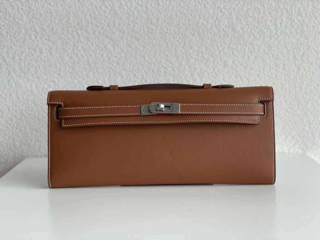 Hermès Kelly Cut Clutch 31cm Swift Leather Brown Silver