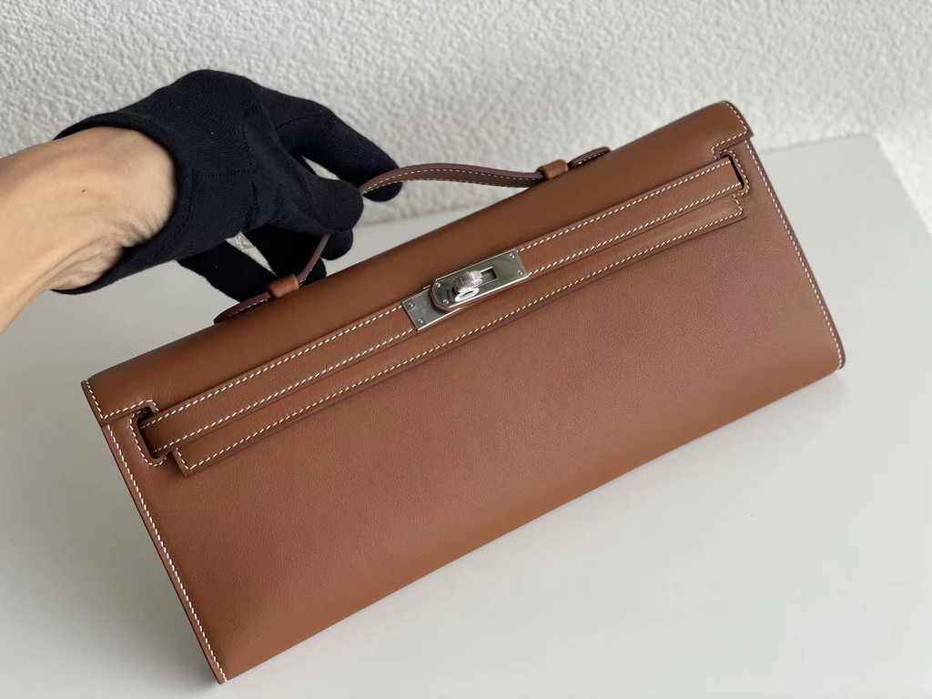 Hermès Kelly Cut Clutch 31cm Swift Leather Brown Silver
