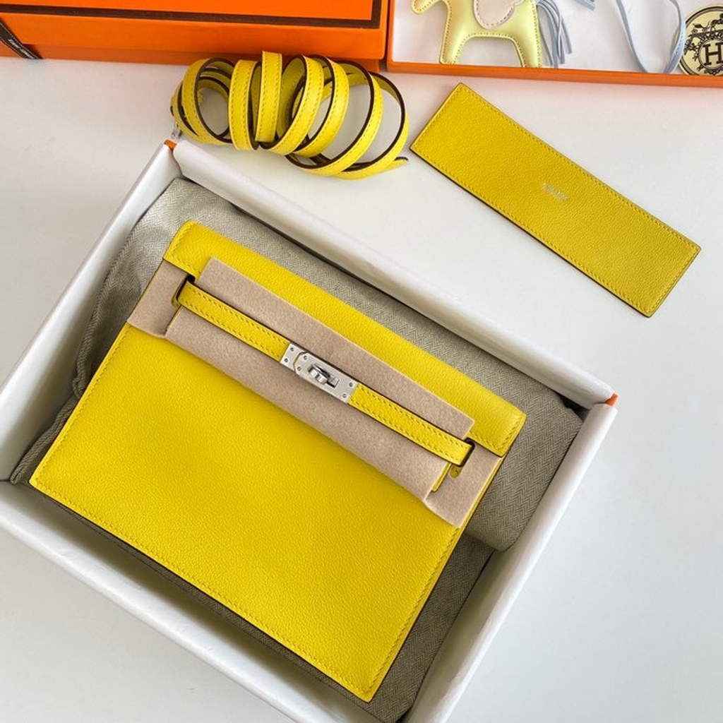 Hermès Kelly Danse II lemon yellow Evercolor leather with silver
