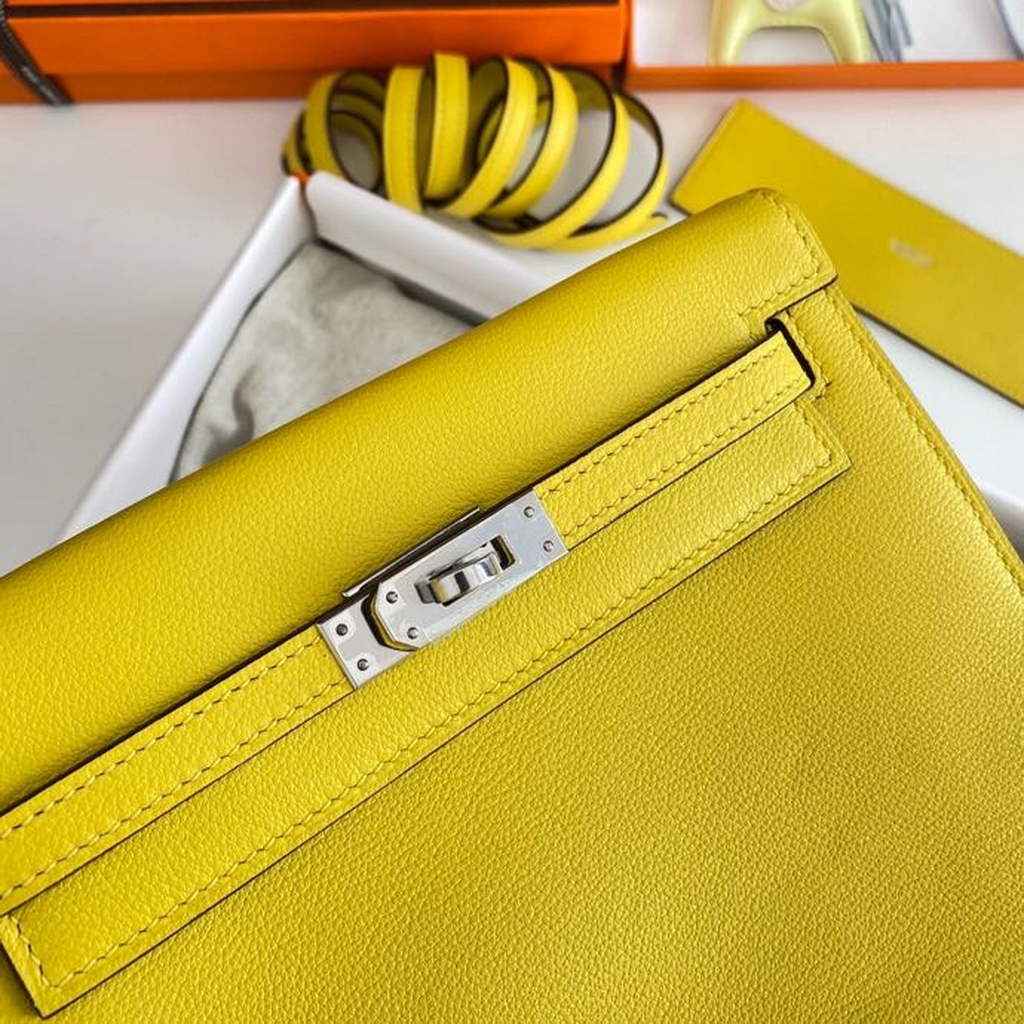 Hermès Kelly Danse II lemon yellow Evercolor leather with silver