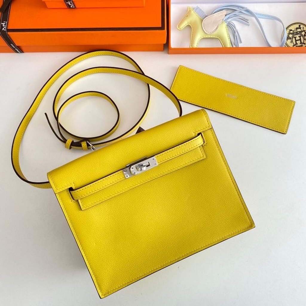 Hermès Kelly Danse II lemon yellow Evercolor leather with silver