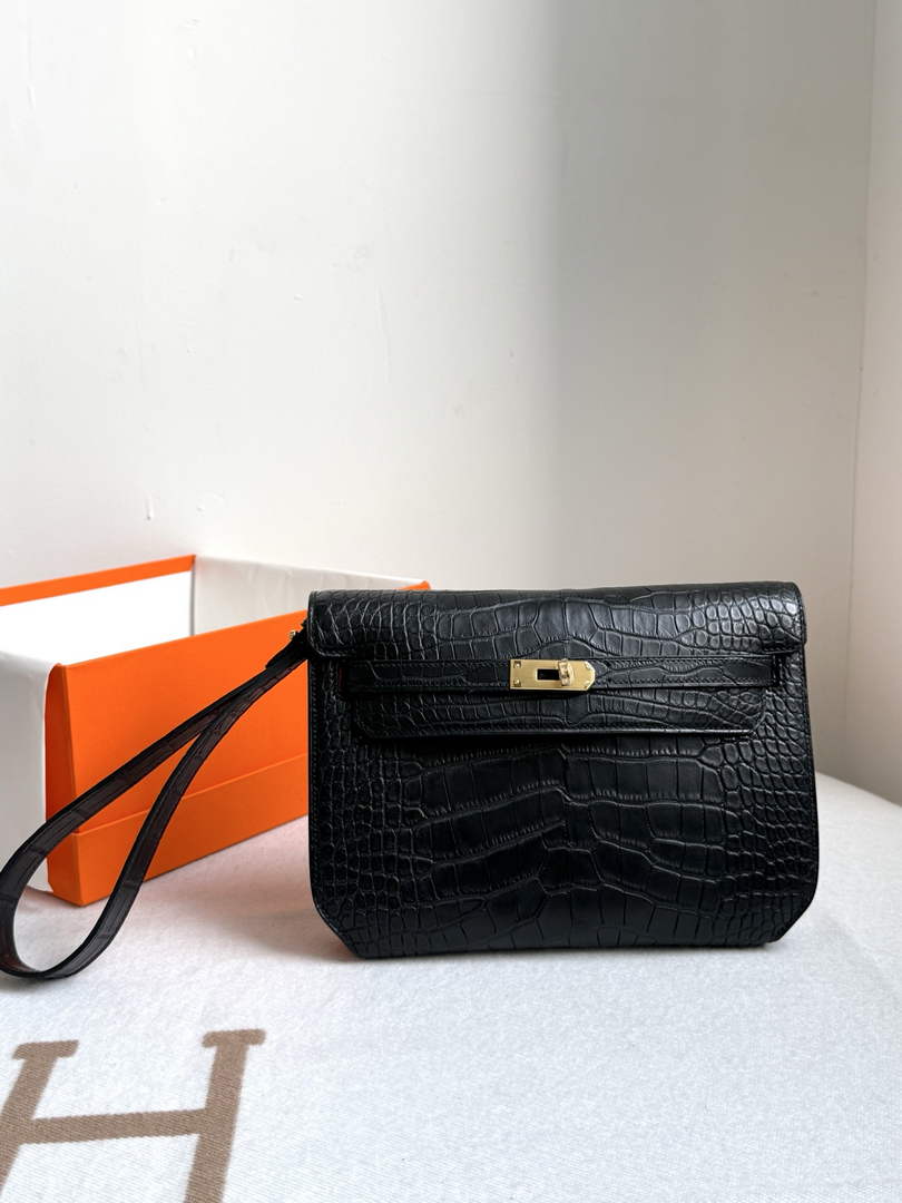 Hermès Special Order Sac Dépêches 25 – Black Porosus Crocodile Leather Handheld Clutch - Default Title - View 1