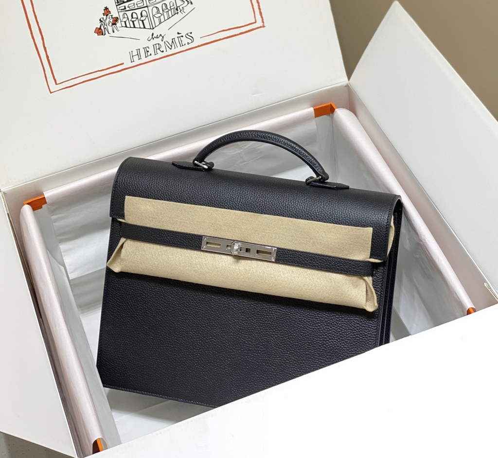 Hermès Kelly Messenger Bag Togo leather Silver hardware 34cm Black