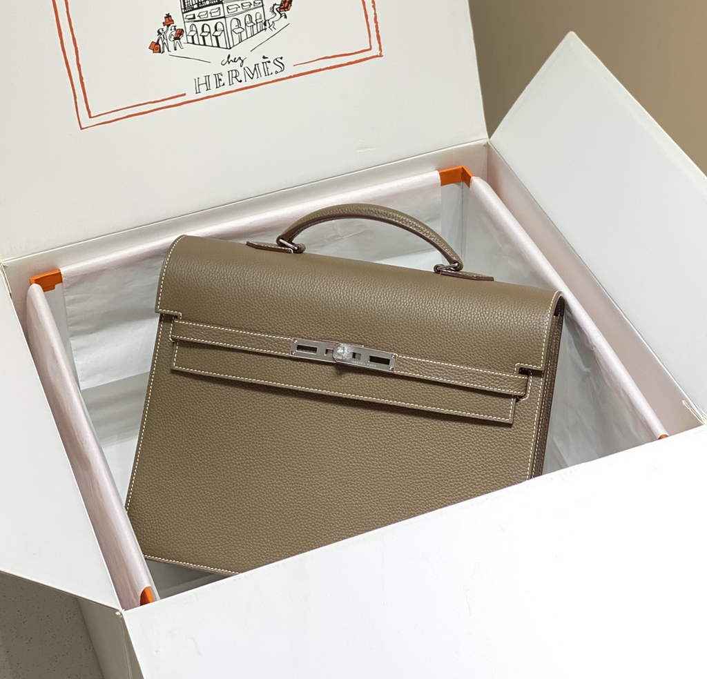 Hermès Kelly Messenger Bag Togo leather Silver hardware 34cm Gray