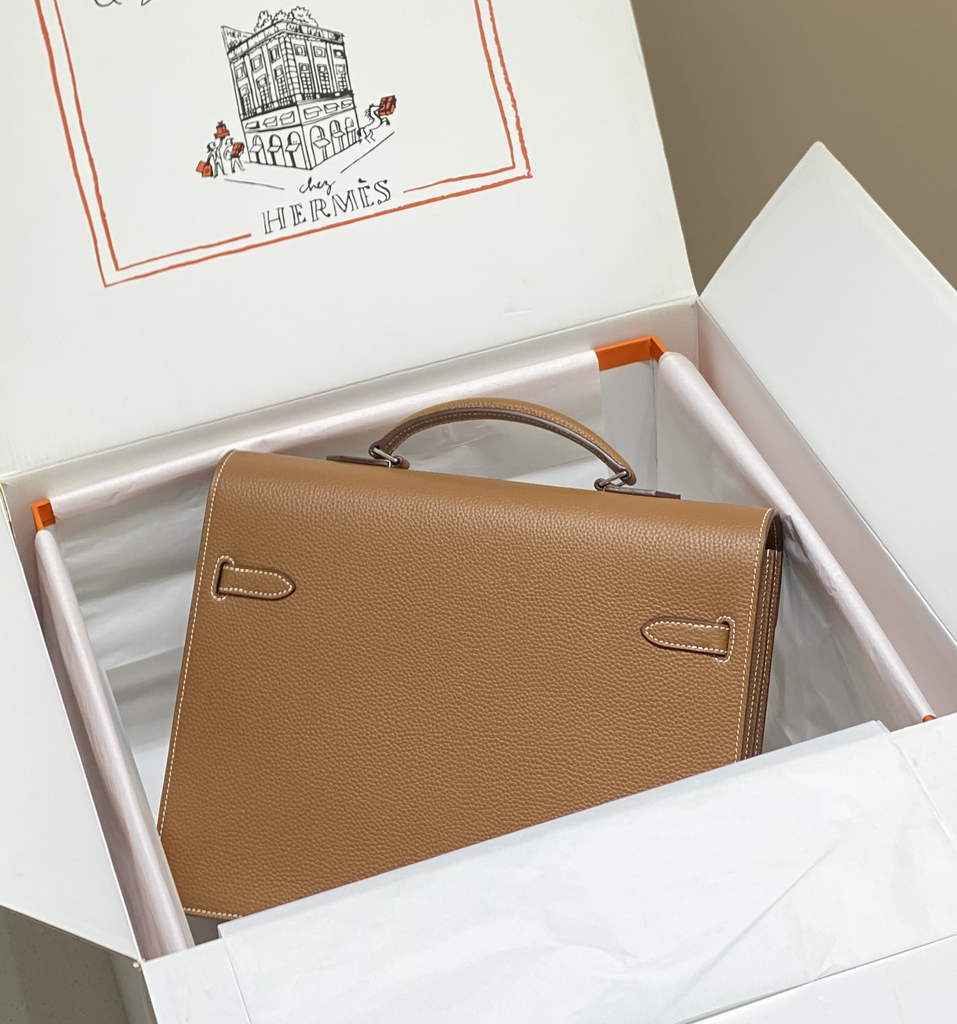 Hermès Kelly Messenger Bag Togo leather Silver hardware 34cm Light Brown
