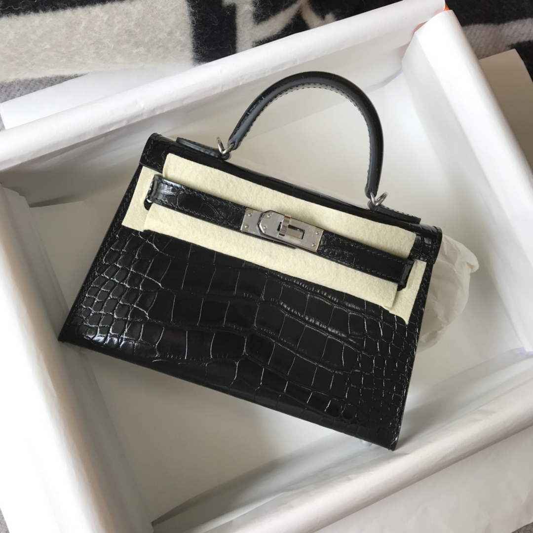 Hermes Kelly Mini II Bag 19 Black Crocodile Leather with Silver Hardware