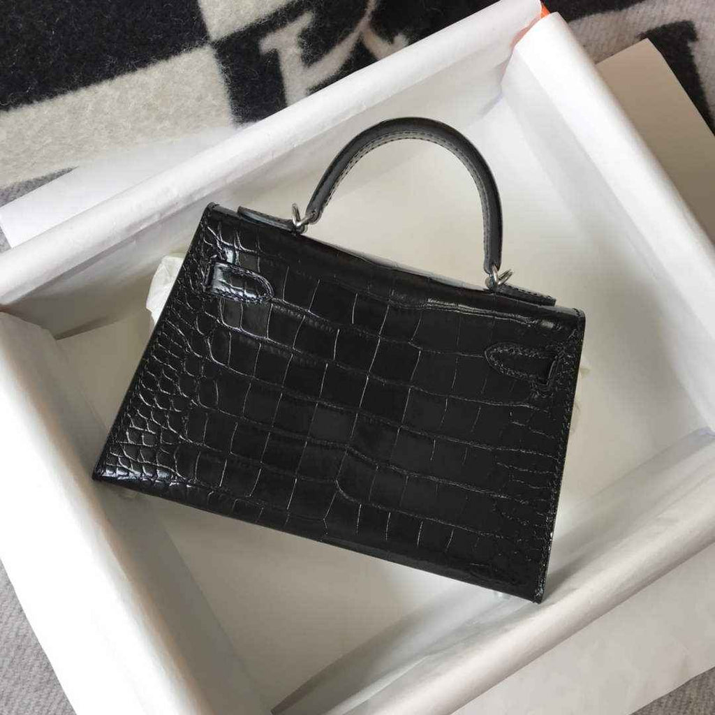 Hermes Kelly Mini II Bag 19 Black Crocodile Leather with Silver Hardware