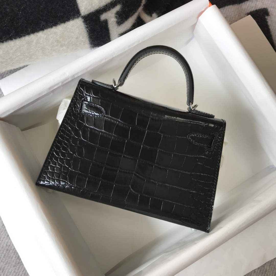 Hermes Kelly Mini II Bag 19 Black Crocodile Leather with Silver Hardware
