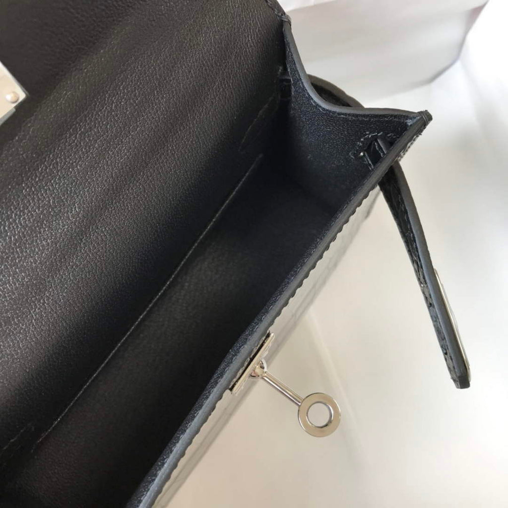 Hermes Kelly Mini II Bag 19 Black Crocodile Leather with Silver Hardware