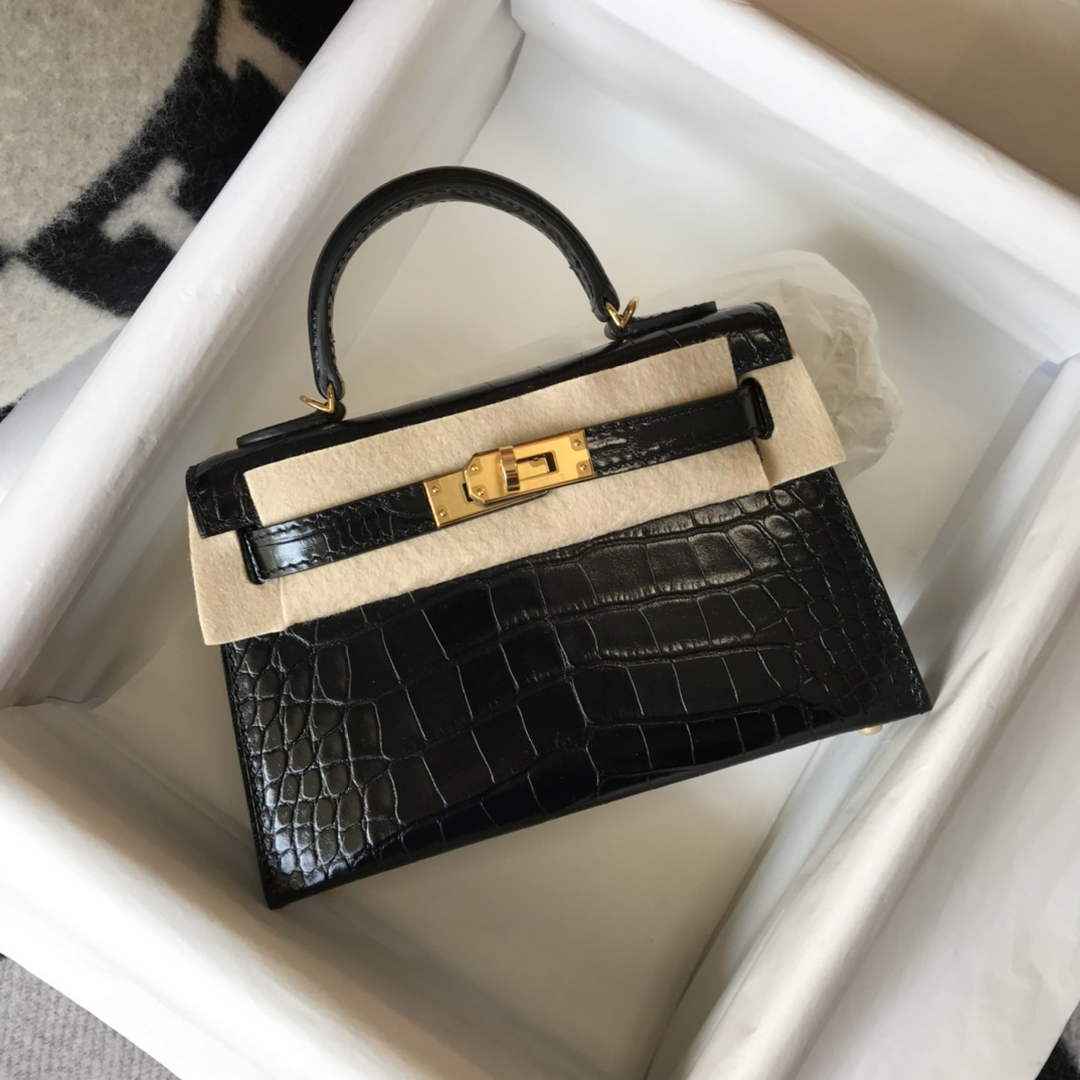 Hermes Kelly Mini II Bag 19 Black Crocodile Leather with Gold Hardware