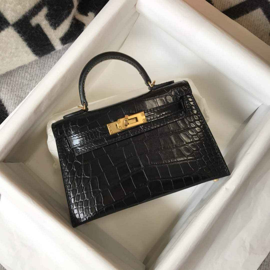 Hermes Kelly Mini II Bag 19 Black Crocodile Leather with Gold Hardware