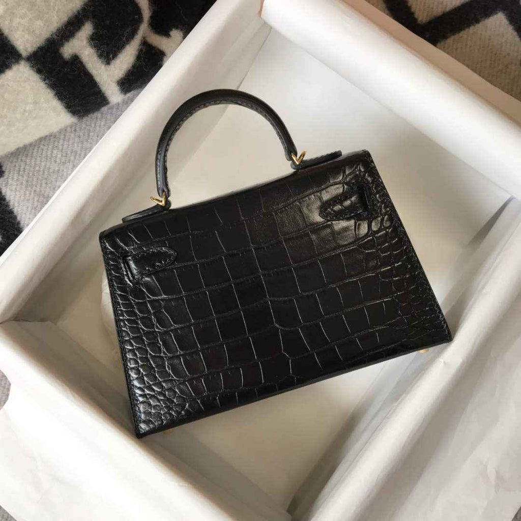Hermes Kelly Mini II Bag 19 Black Crocodile Leather with Gold Hardware