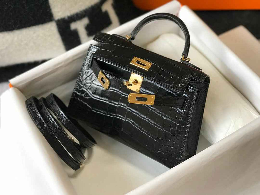 Hermes Kelly Mini II Bag 19 Black Crocodile Leather with Gold Hardware