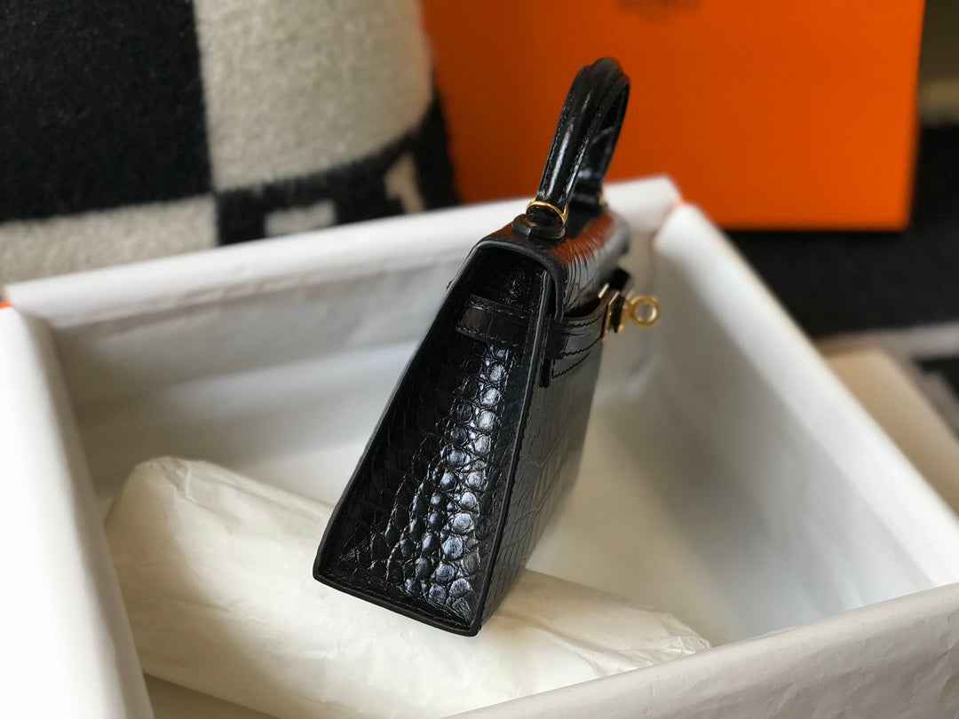 Hermes Kelly Mini II Bag 19 Black Crocodile Leather with Gold Hardware