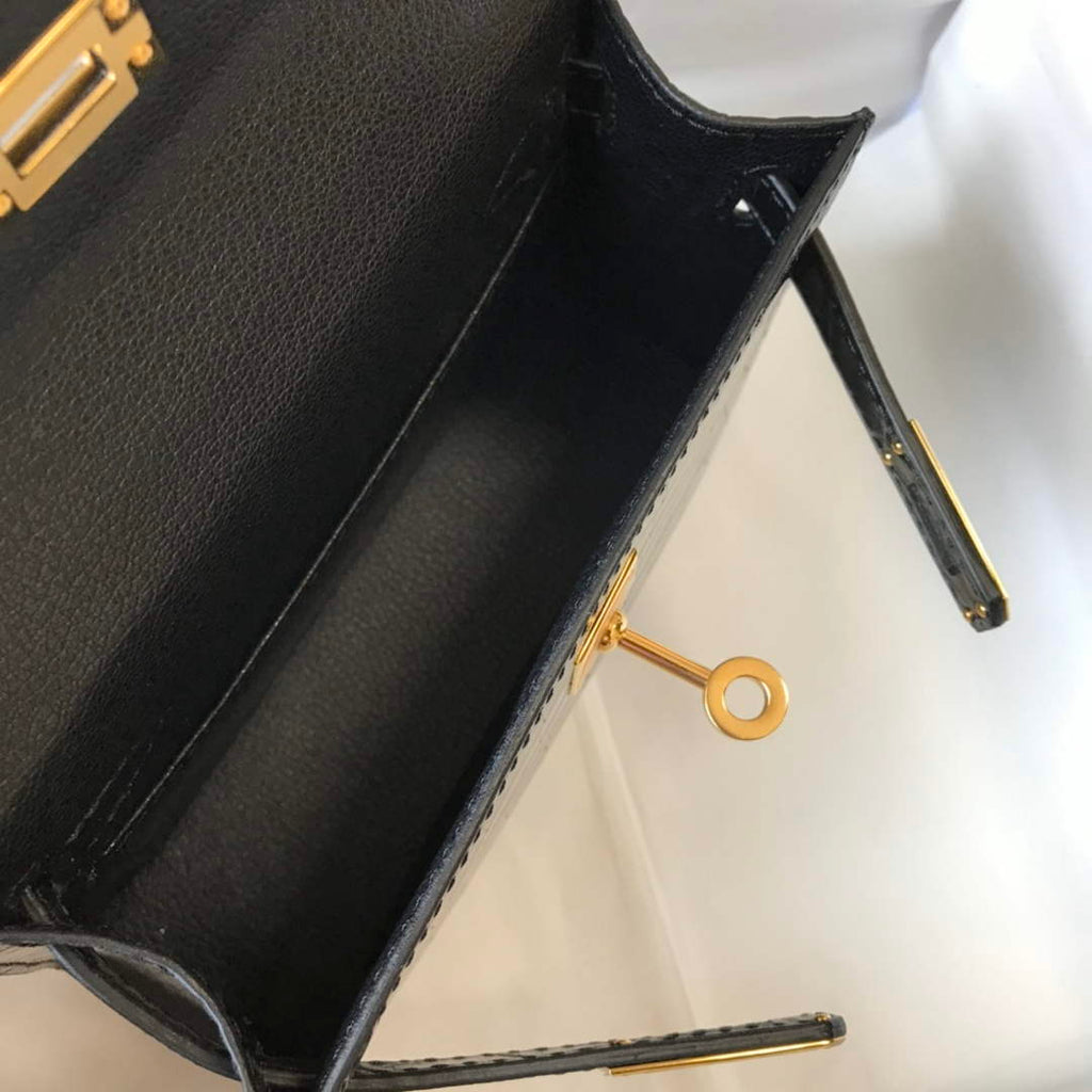 Hermes Kelly Mini II Bag 19 Black Crocodile Leather with Gold Hardware