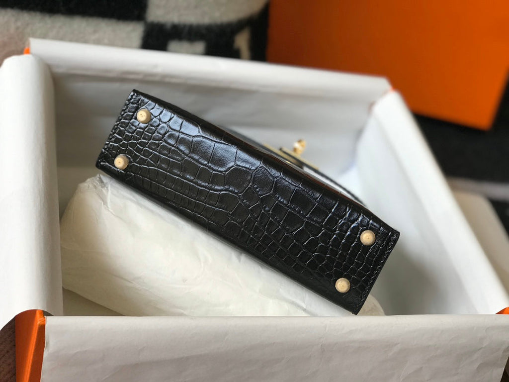 Hermes Kelly Mini II Bag 19 Black Crocodile Leather with Gold Hardware