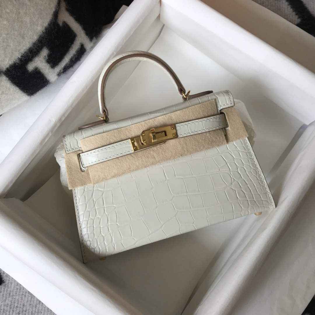 Hermes Kelly Mini II Bag 19 white Crocodile Leather with Gold Hardware