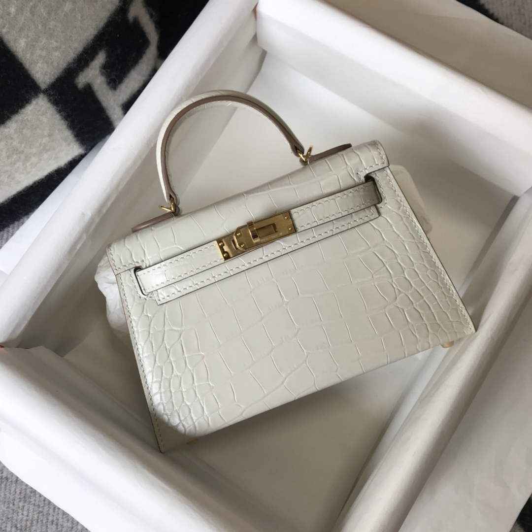 Hermes Kelly Mini II Bag 19 white Crocodile Leather with Gold Hardware