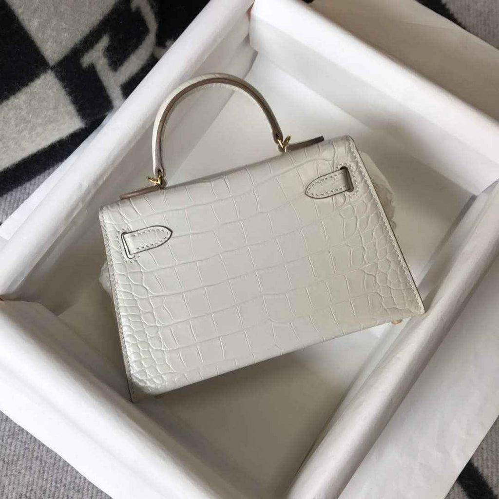 Hermes Kelly Mini II Bag 19 white Crocodile Leather with Gold Hardware