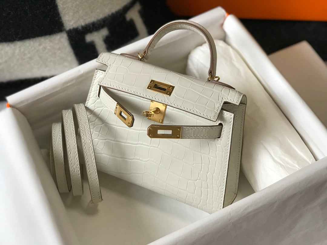 Hermes Kelly Mini II Bag 19 white Crocodile Leather with Gold Hardware