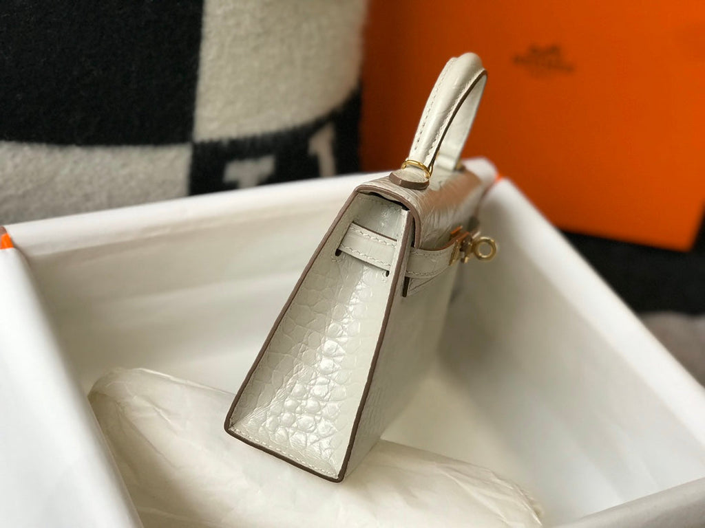 Hermes Kelly Mini II Bag 19 white Crocodile Leather with Gold Hardware