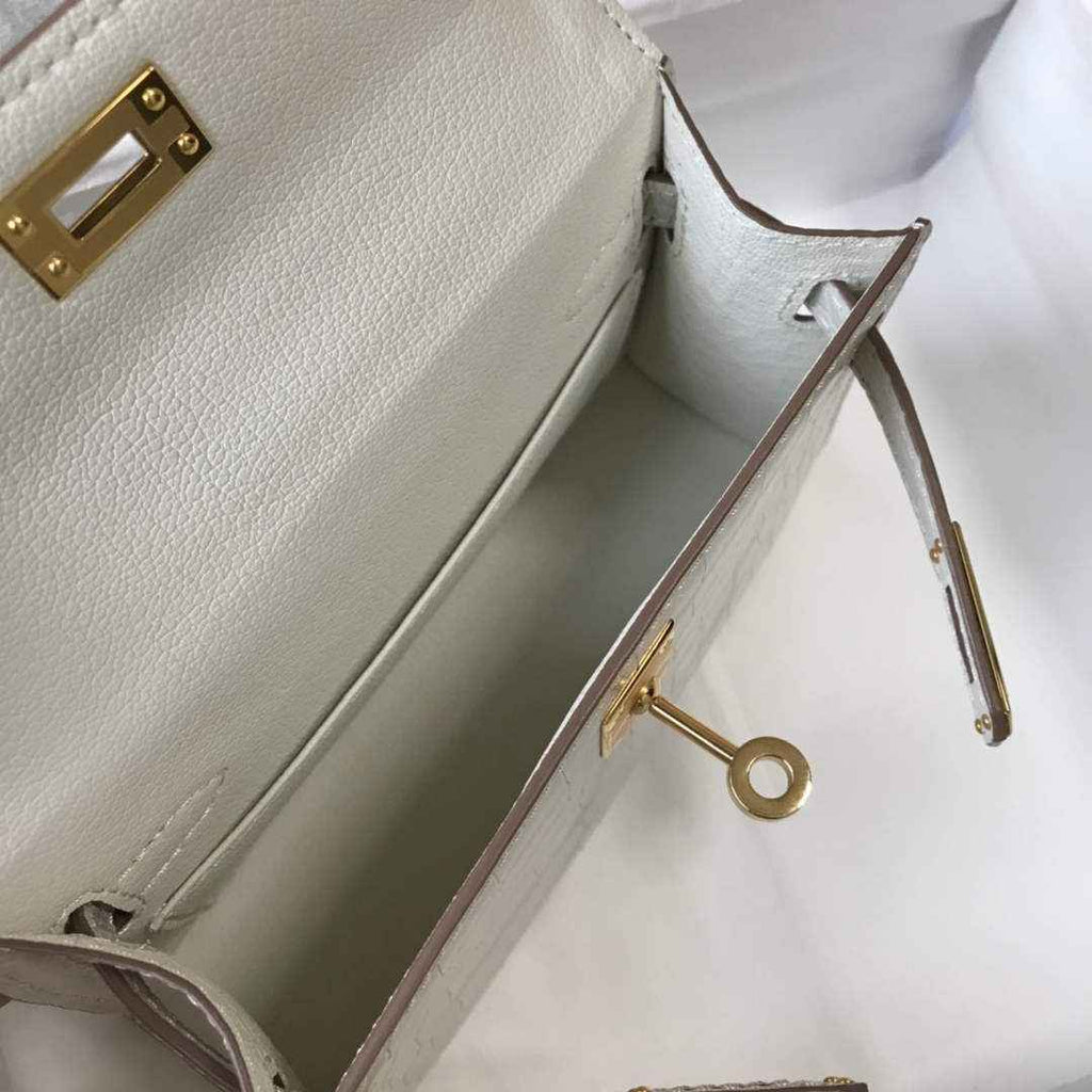 Hermes Kelly Mini II Bag 19 white Crocodile Leather with Gold Hardware