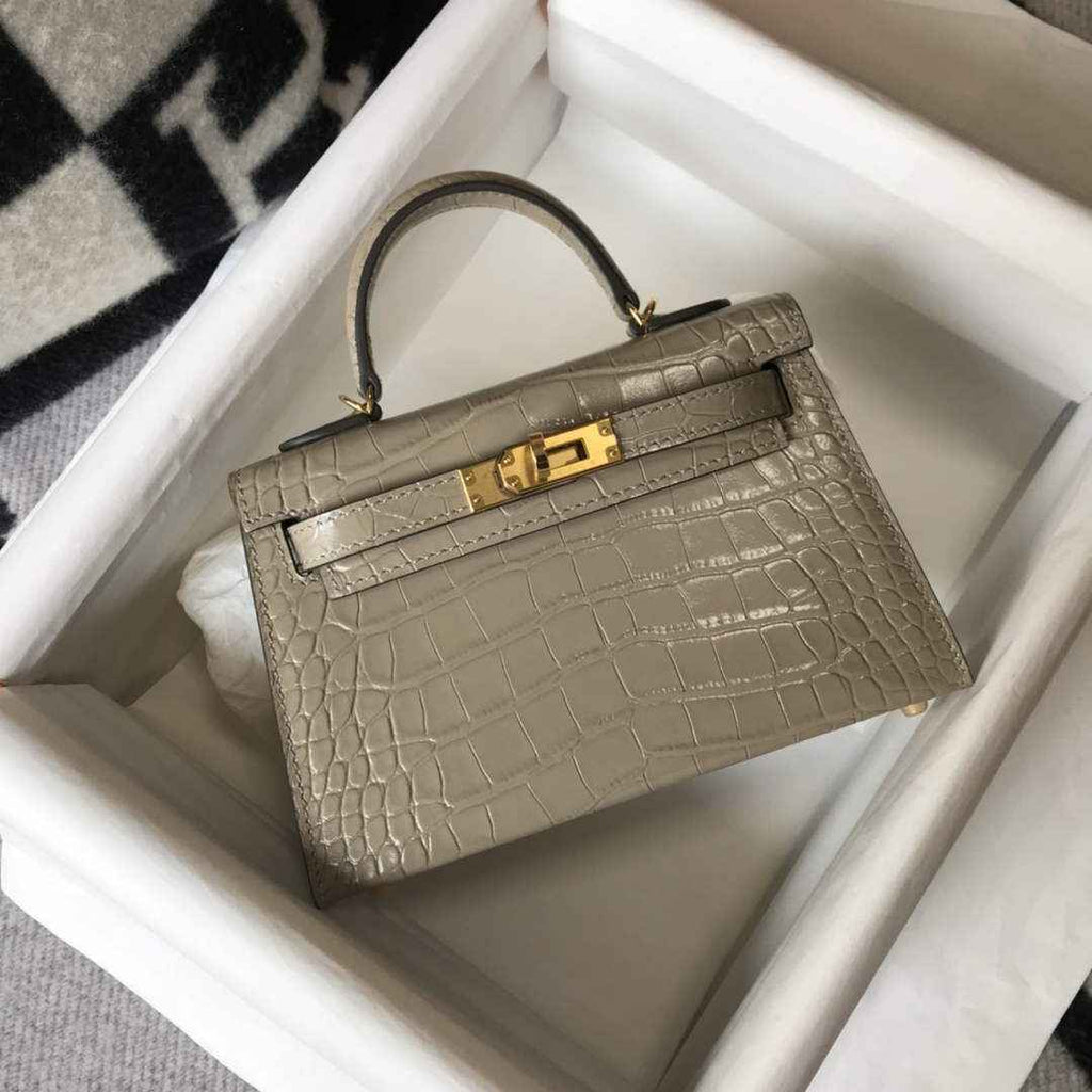 Hermes Kelly Mini II Bag 19 gray Crocodile Leather with Gold Hardware