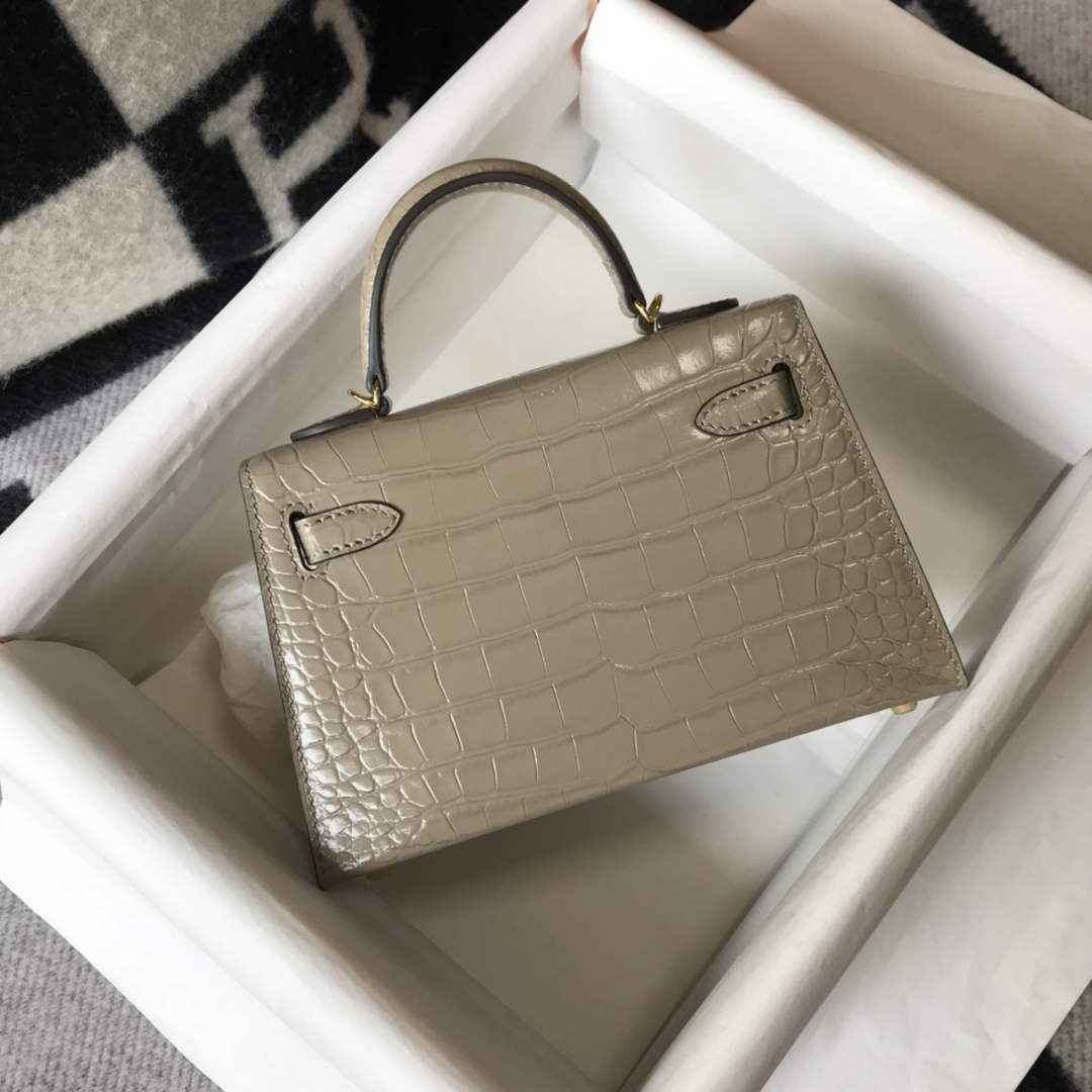 Hermes Kelly Mini II Bag 19 gray Crocodile Leather with Gold Hardware
