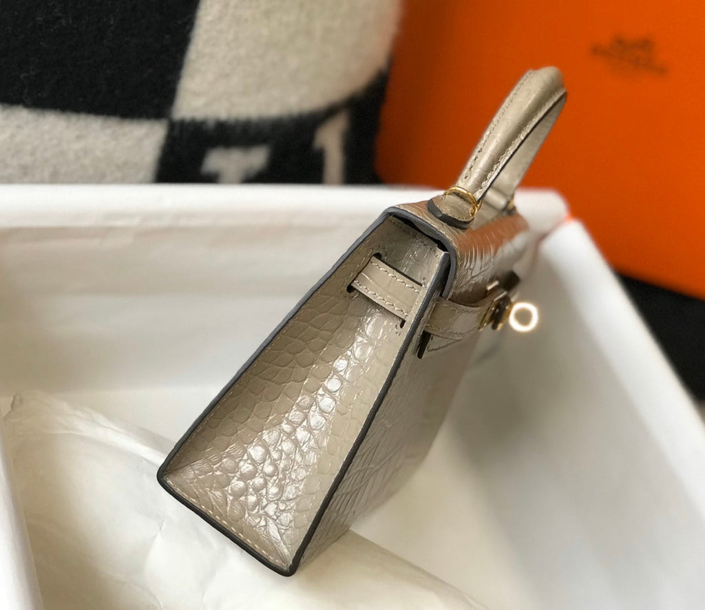 Hermes Kelly Mini II Bag 19 gray Crocodile Leather with Gold Hardware